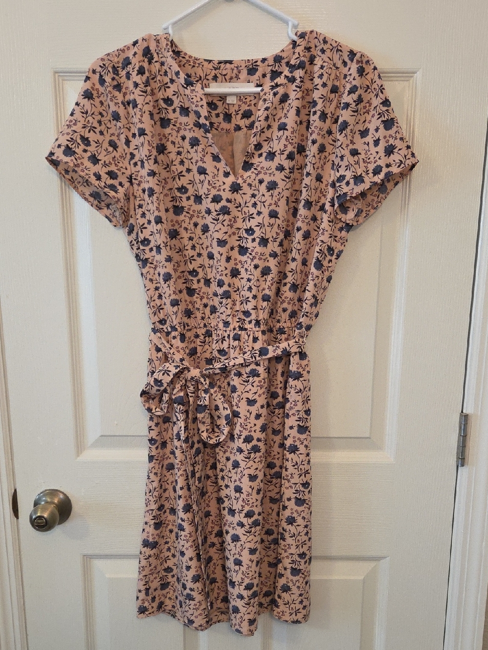 LOFT Tan Beige Blue Floral Midi Dress Size Medium